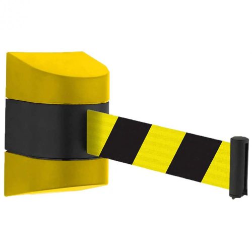 Gelbe Kunststoff-Wandhalterung mit gelb-schwarzem Band, 5m